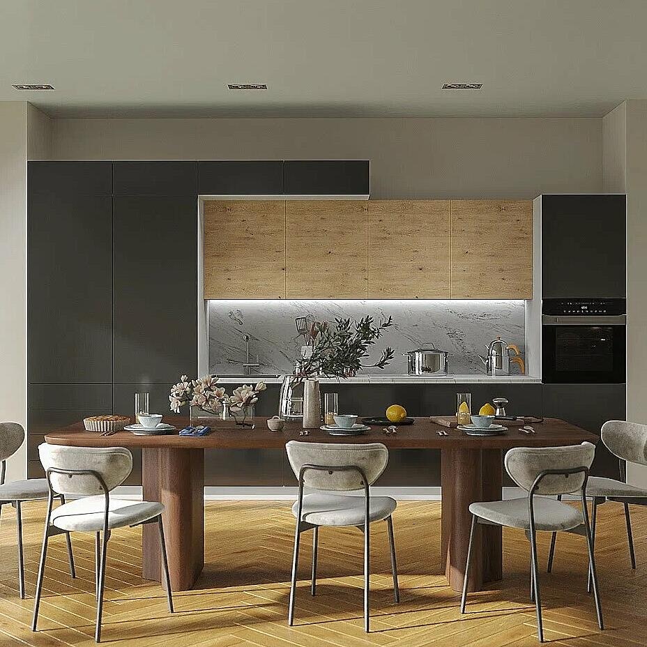 Кухня прямая Логика Графит глянец/Дуб галифакс/Белый 4200*2370*600