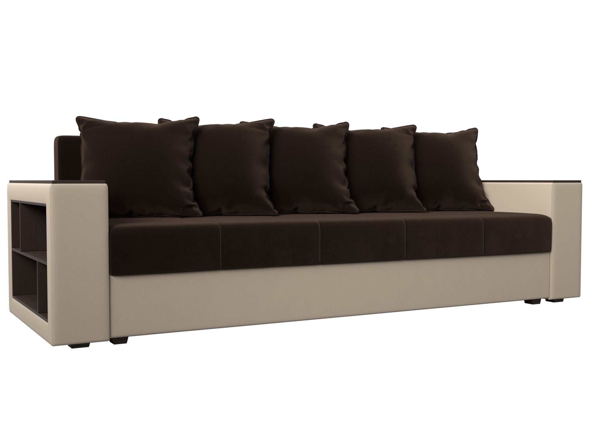 Диван прямой Дубай Лайт полки слева Микровельвет/Экокожа Коричневый/Бежевый