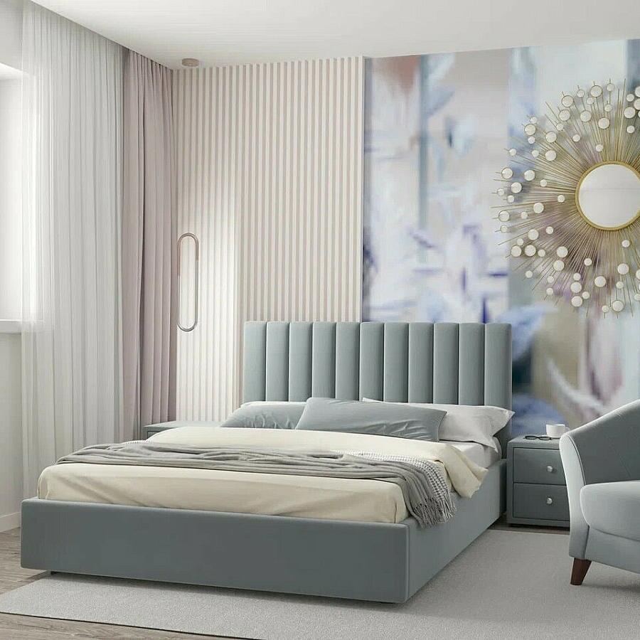 Кровать Olivia велюр серый с подъемным механизмом 1600x2000, ортопедическое основание, изголовье мягкое