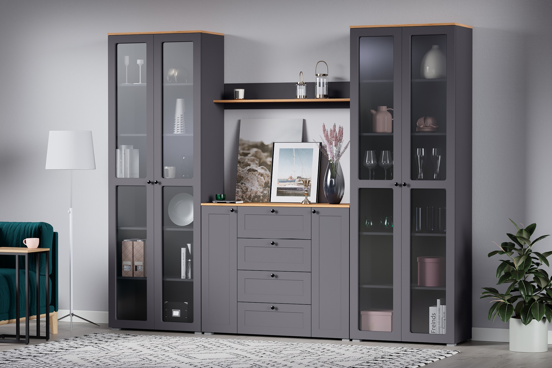 Шкаф-витрина Остин 16.394.02, серый графит, дуб золотой крафт photo 3