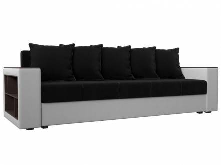 Диван прямой Дубай Лайт полки слева Микровельвет/Экокожа Чёрный/Белый фото