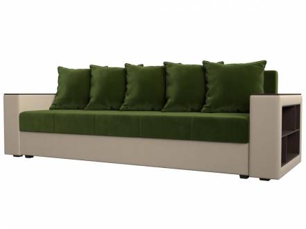 Диван прямой Дубай Лайт полки справа Микровельвет/Экокожа Зелёный/Бежевый фото