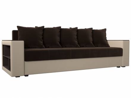 Диван прямой Дубай Лайт полки слева Микровельвет/Экокожа Коричневый/Бежевый фото