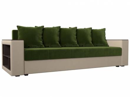 Диван прямой Дубай Лайт полки слева Микровельвет/Экокожа Зелёный/Бежевый фото