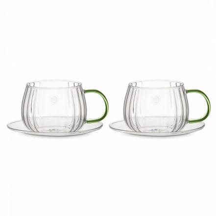 Набор чашек чайных с блюдцем с двойными стенками Decor de table Cafe de Paris 350 мл, 2шт, зеленая ручка фото