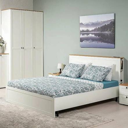 Кровать Остин без обивки белый шагрень, дуб золотой крафт без подъёмного механизма 1600x2000, без ортопедического основания, изголовье жесткое фото