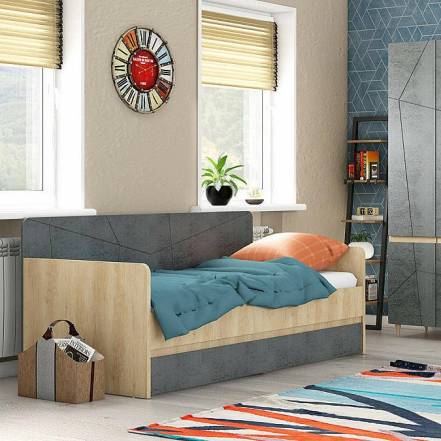 Кровать Киото без обивки бетон темный, дуб небраска без подъёмного механизма 900x1900, щит-основание, изголовье жесткое фото