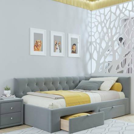 Кровать Afelia велюр серый без подъёмного механизма 900x2000, изголовье мягкое фото