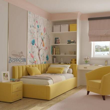 Кровать Milena велюр жёлтый с подъемным механизмом 900x2000, ортопедическое основание, изголовье мягкое фото