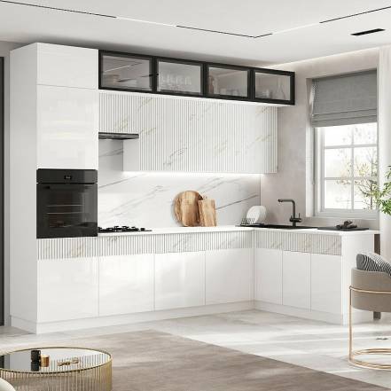 Кухня Оливия NEW 3,0х1,8м (490) (Белый глянец/Мрамор золото, Белый (Антарес)) фото