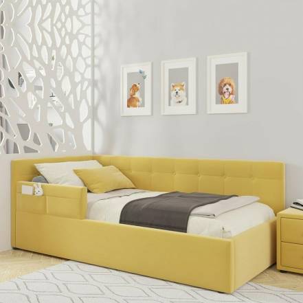 Кровать Bonna велюр желтый с подъемным механизмом 900x2000, ортопедическое основание, изголовье мягкое фото