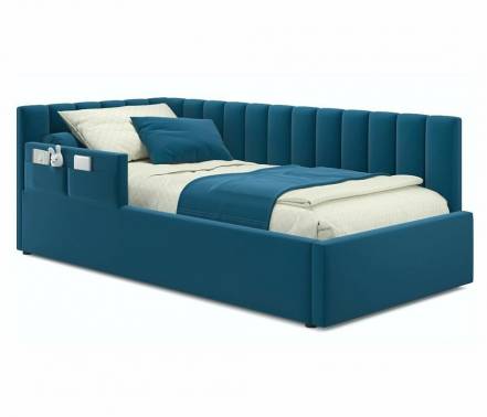 Кровать Milena велюр синий без подъёмного механизма 900x2000, ортопедическое основание, изголовье мягкое фото