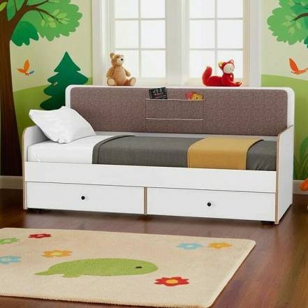 Кровать Вуди ткань белый премиум, саванна латте без подъёмного механизма 900x2000, без ортопедического основания, изголовье мягкое фото