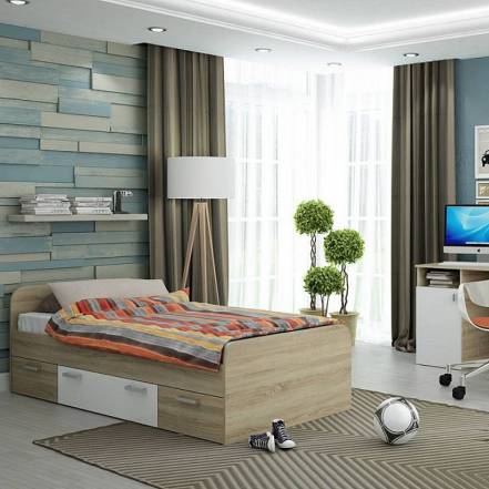 Кровать Мика без обивки дуб сонома/белый без подъёмного механизма 900x1900, щит-основание, изголовье жесткое фото